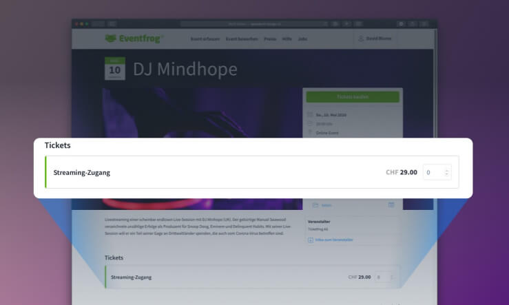 Eventfrog Live Streaming Event Ticket Darstellung