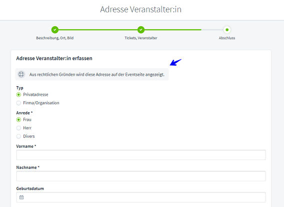 Event erstellen Adresse VeranstalterIn