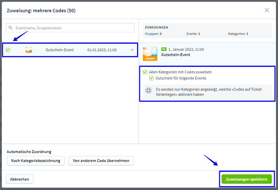 Codes Kategorie zuweisen