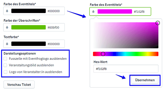 Darstellungn Ticket mit Farben