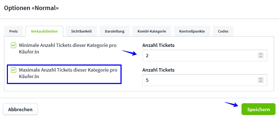 Einstellungen Ticketkategorien IV Verkaufslimiten