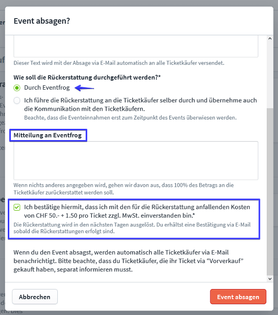 Event absagen III zweites Modal Rückerstattung über Eventfrog