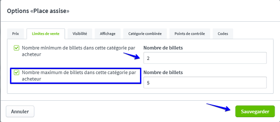 Paramètres des catégories de billets IIII