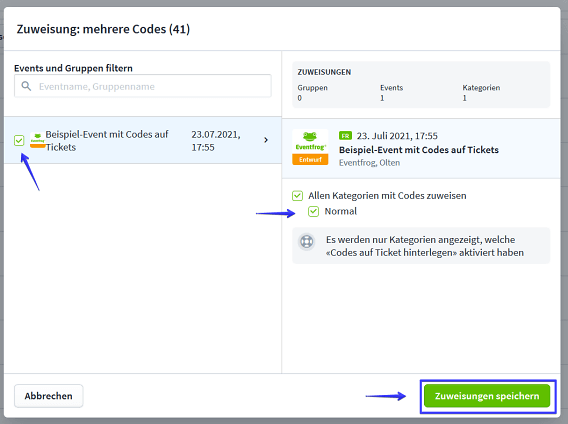 Screenshot Codes auf Tickets VI zuweisen