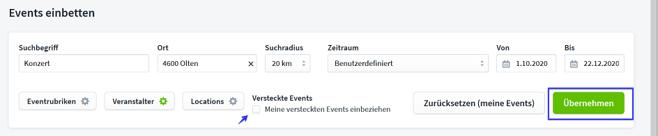 Screenshot Embed Eventauswahl VII