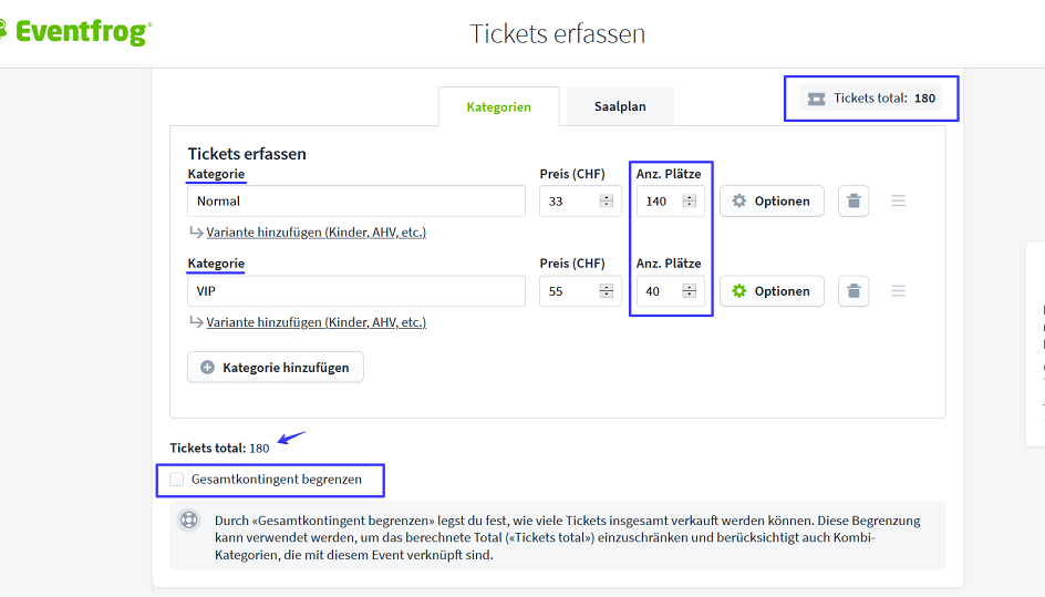 Screenshot Gesamtkontingent beim Erfassen I